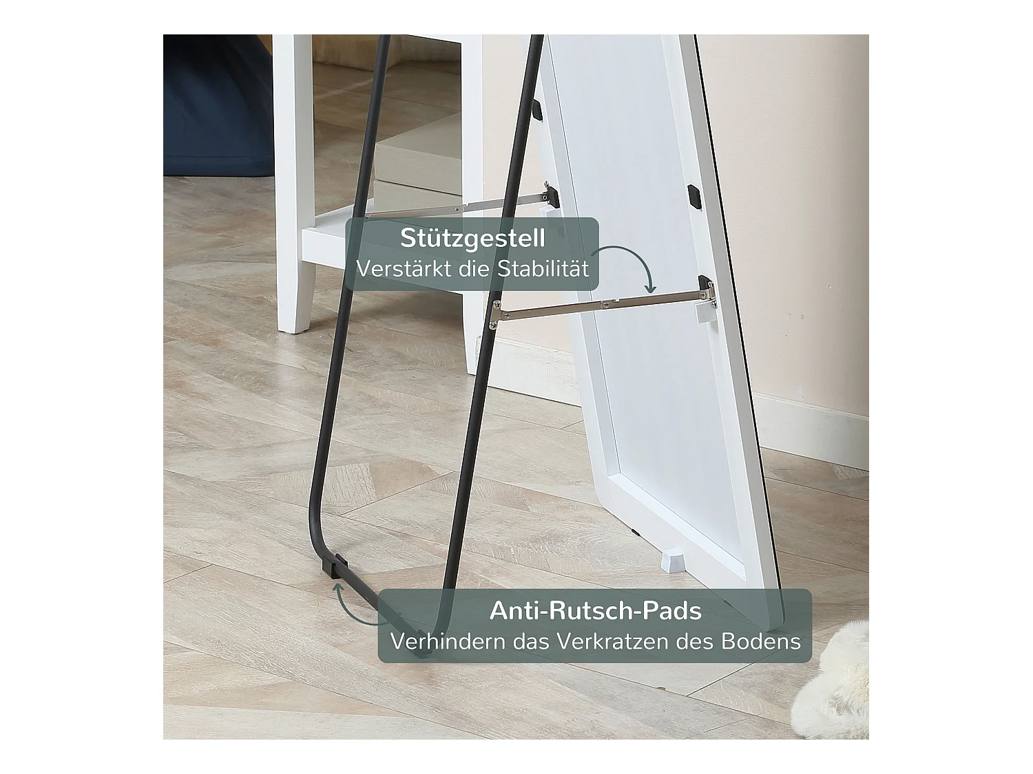 Miroir pleine longueur, cadre aluminium, argenté, support noir, design moderne (45x37x158.5cm)