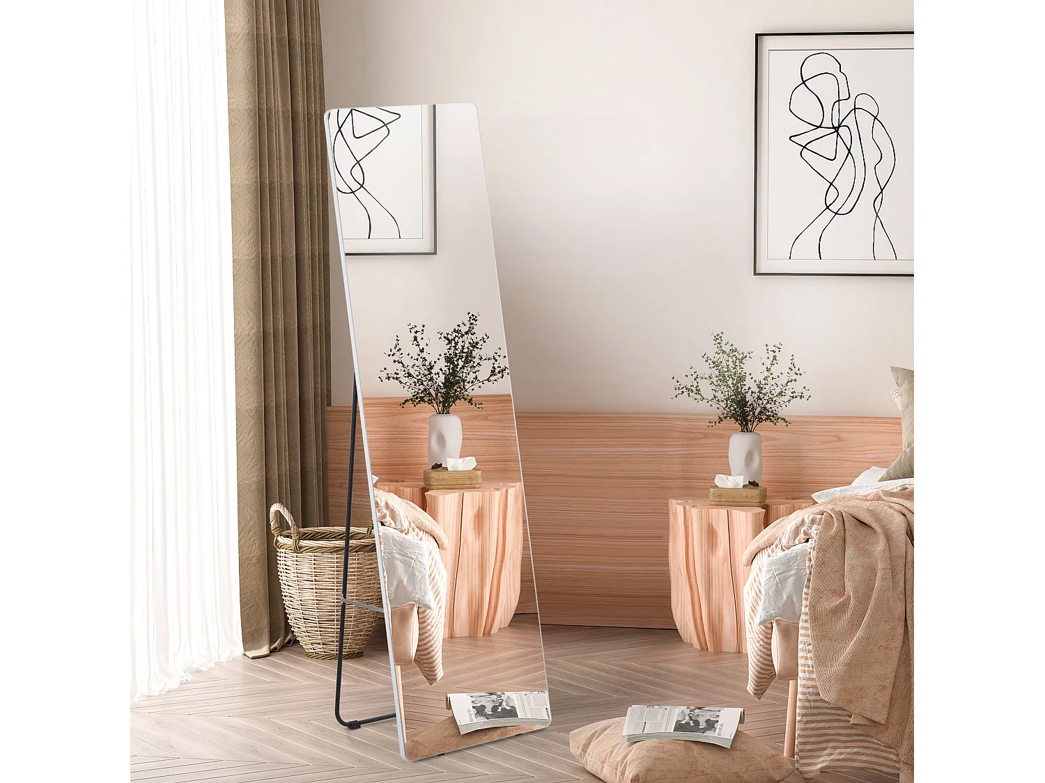 Specchio a figura intera, cornice in alluminio, argento, supporto nero, design moderno (45x37x158,5cm)