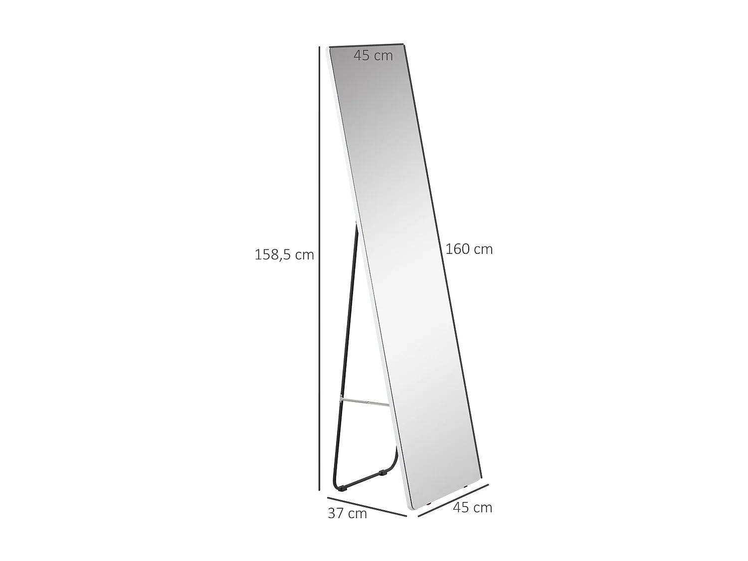 Specchio a figura intera, cornice in alluminio, argento, supporto nero, design moderno (45x37x158,5cm)