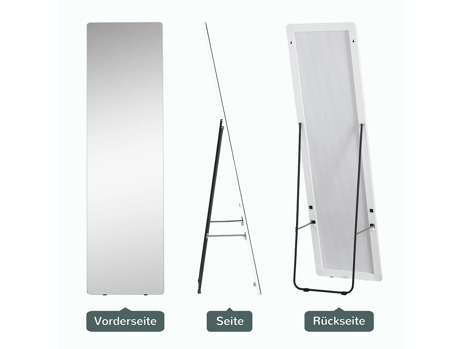 Specchio a figura intera, cornice in alluminio, argento, supporto nero, design moderno (45x37x158,5cm)