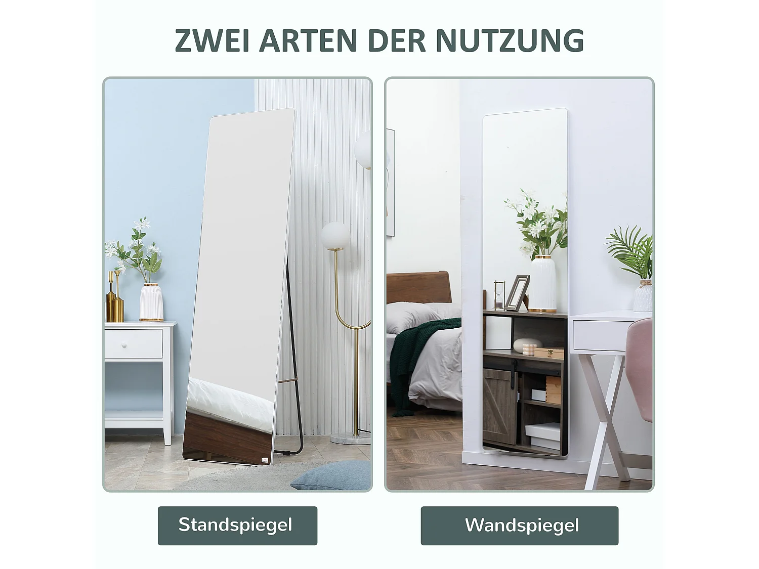 Specchio a figura intera, cornice in alluminio, argento, supporto nero, design moderno (45x37x158,5cm)