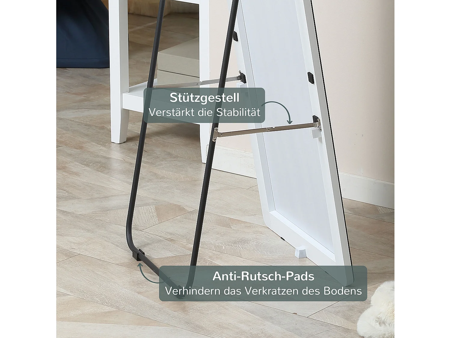 Specchio a figura intera, cornice in alluminio, argento, supporto nero, design moderno (45x37x158,5cm)