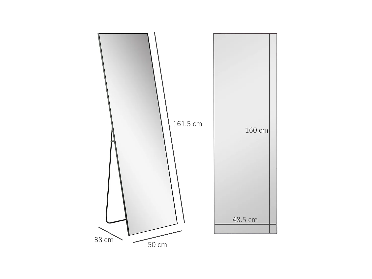 Miroir sur pied, cadre aluminium noir, polyvalent, design épuré (50x2x161.5cm)