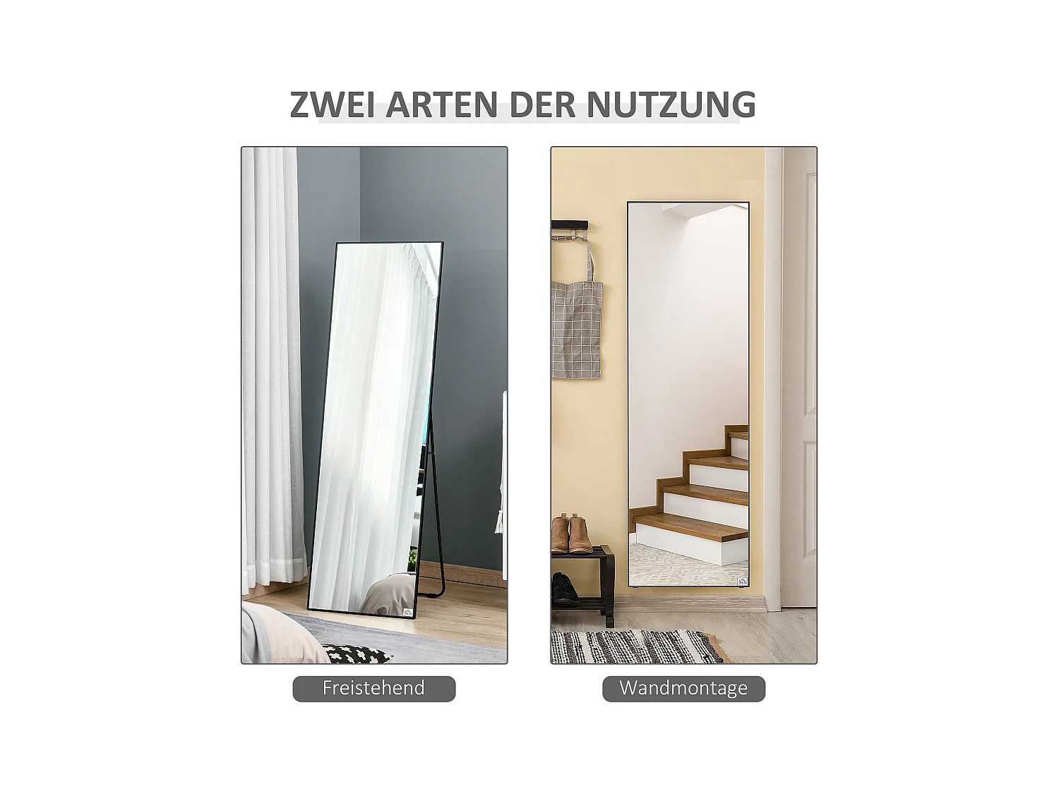 Miroir sur pied, cadre aluminium noir, polyvalent, design épuré (50x2x161.5cm)