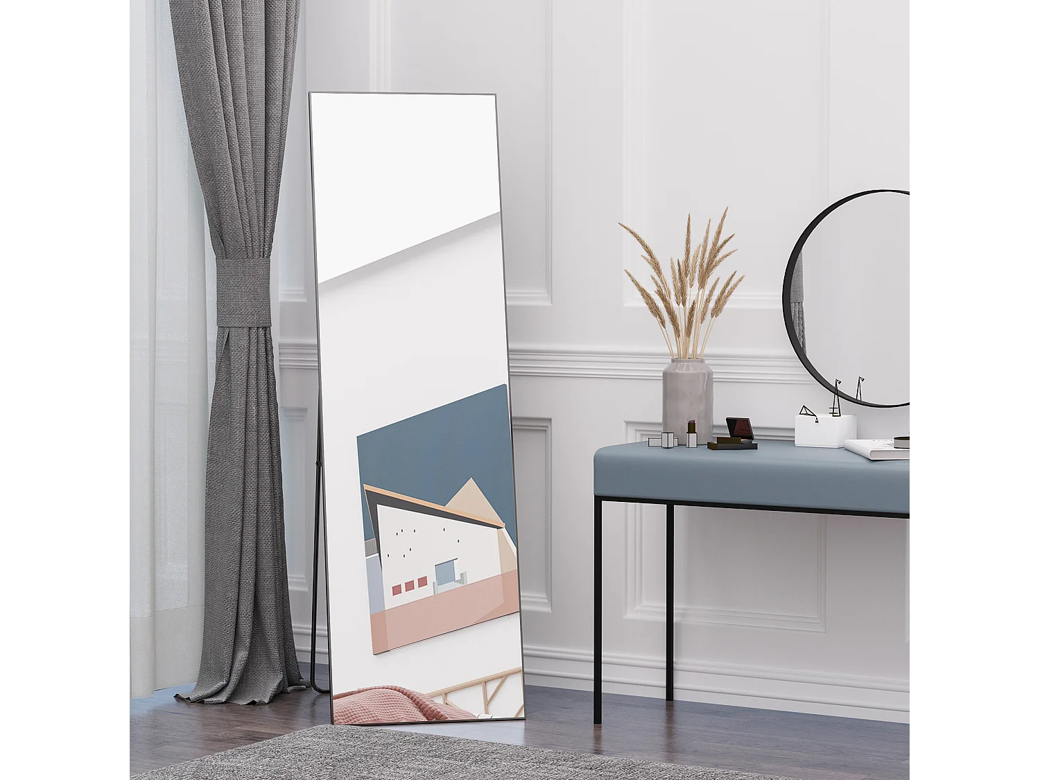 Miroir sur pied, cadre aluminium noir, polyvalent, design épuré (50x2x161.5cm)
