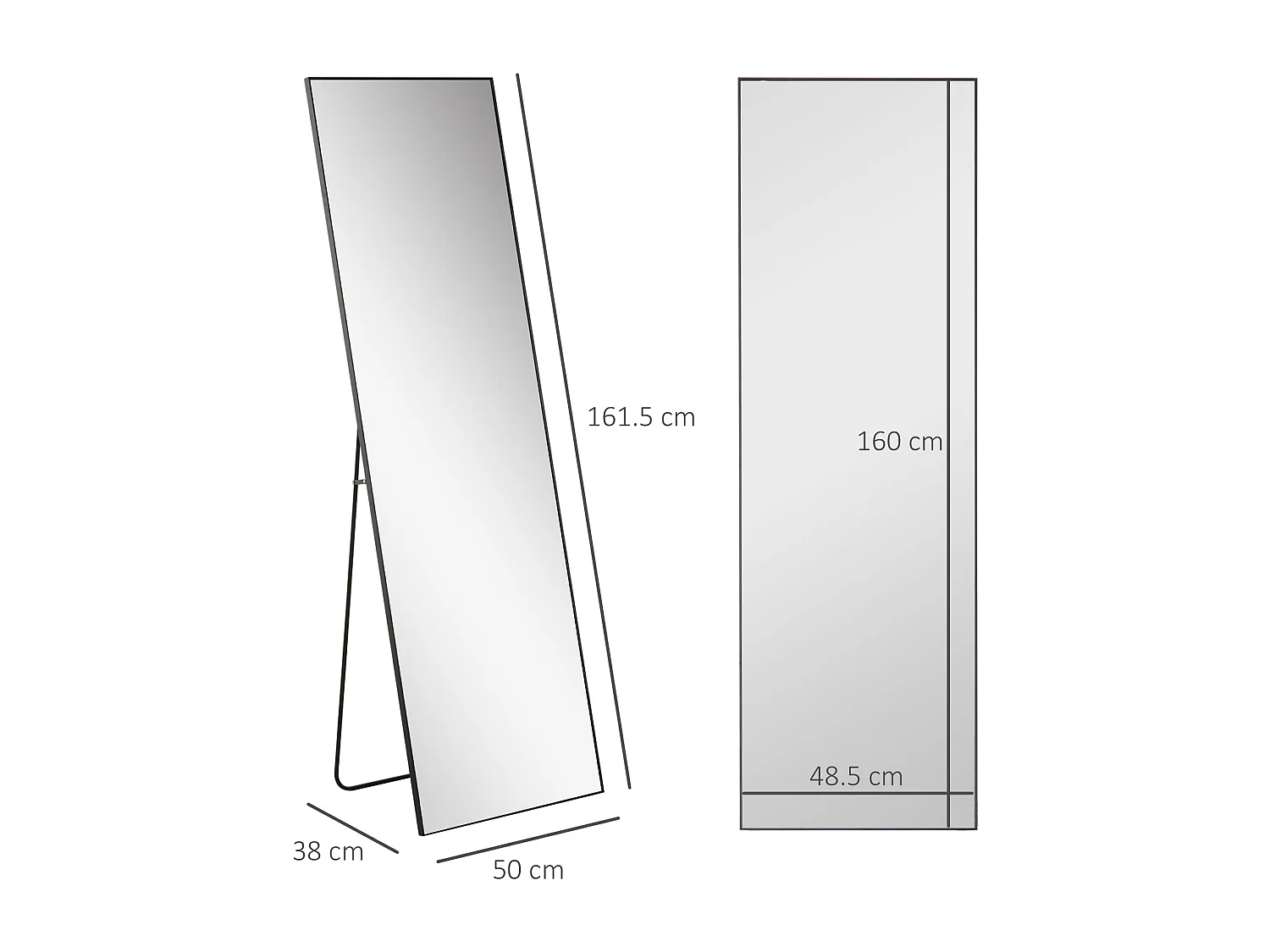 Miroir sur pied, cadre aluminium noir, polyvalent, design épuré (50x2x161.5cm)