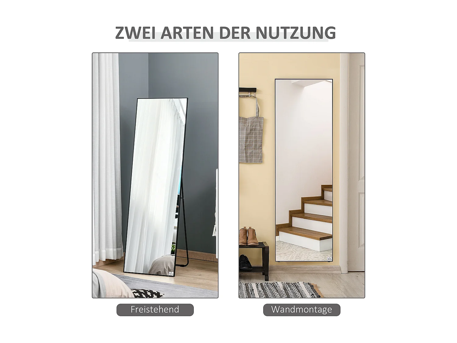 Miroir sur pied, cadre aluminium noir, polyvalent, design épuré (50x2x161.5cm)