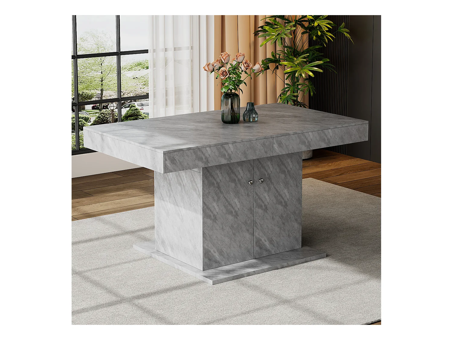 Table à manger extensible, automatique, avec rangement, Bois aggloméré, Effet béton, (140/180x80x76 cm)