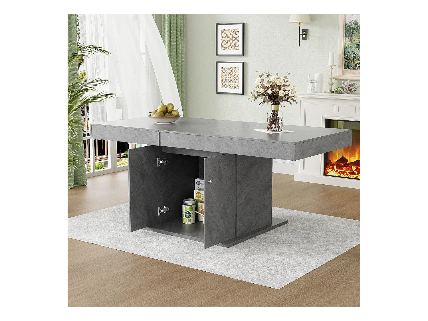 Table à manger extensible, automatique, avec rangement, Bois aggloméré, Effet béton, (140/180x80x76 cm)