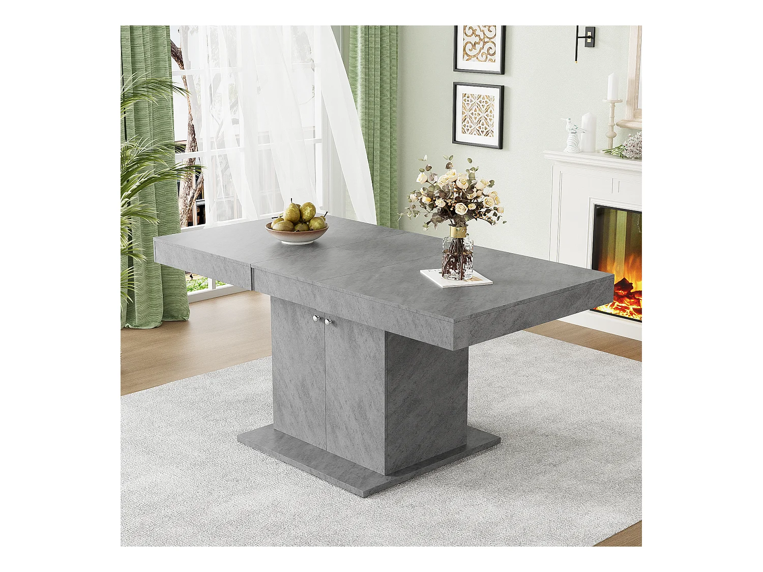 Table à manger extensible, automatique, avec rangement, Bois aggloméré, Effet béton, (140/180x80x76 cm)