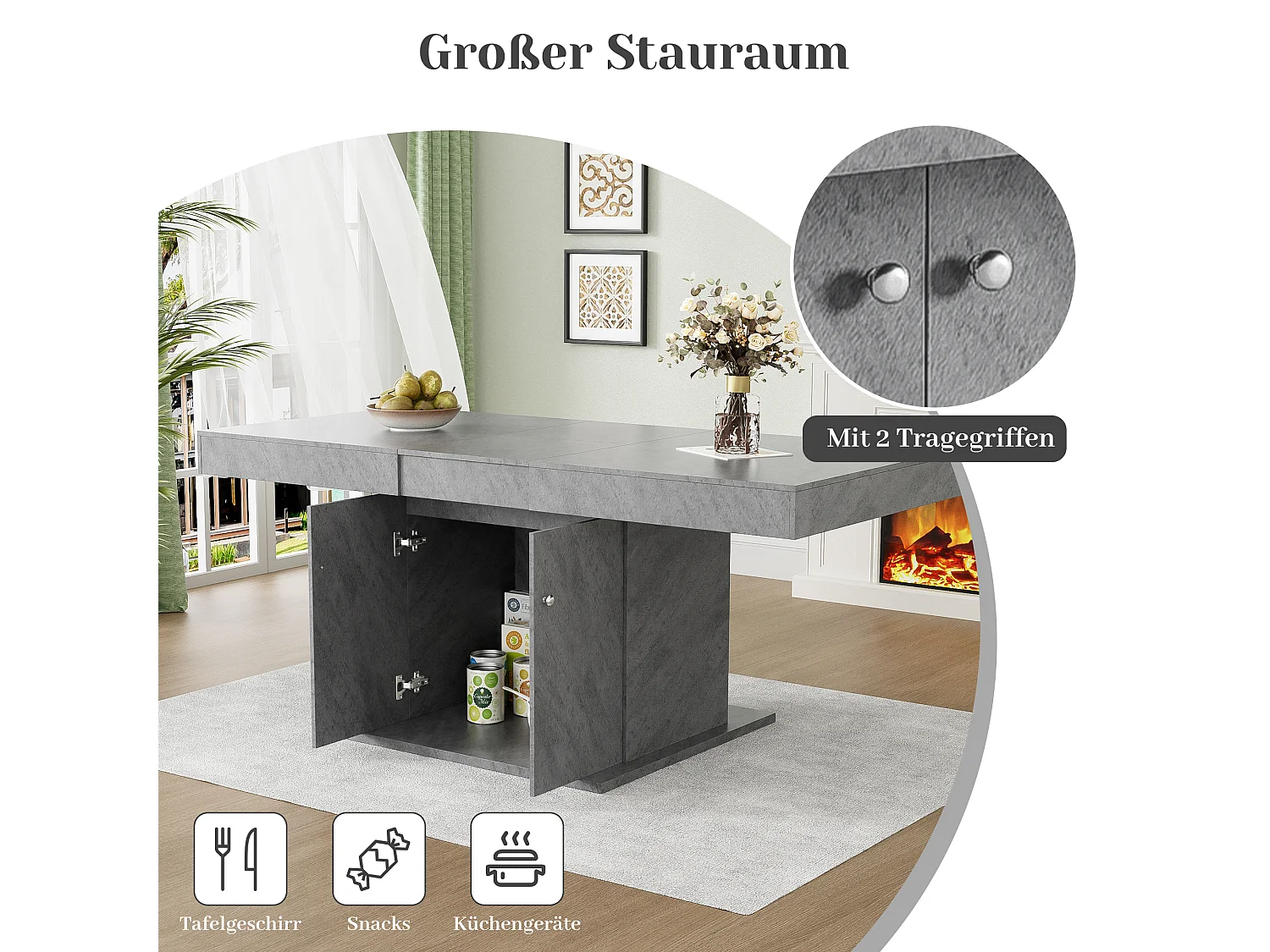 Table à manger extensible, automatique, avec rangement, Bois aggloméré, Effet béton, (140/180x80x76 cm)