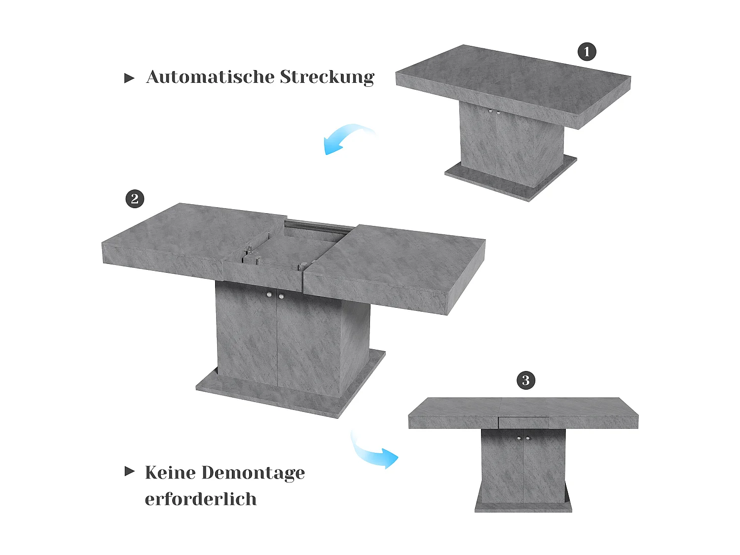 Table à manger extensible, automatique, avec rangement, Bois aggloméré, Effet béton, (140/180x80x76 cm)