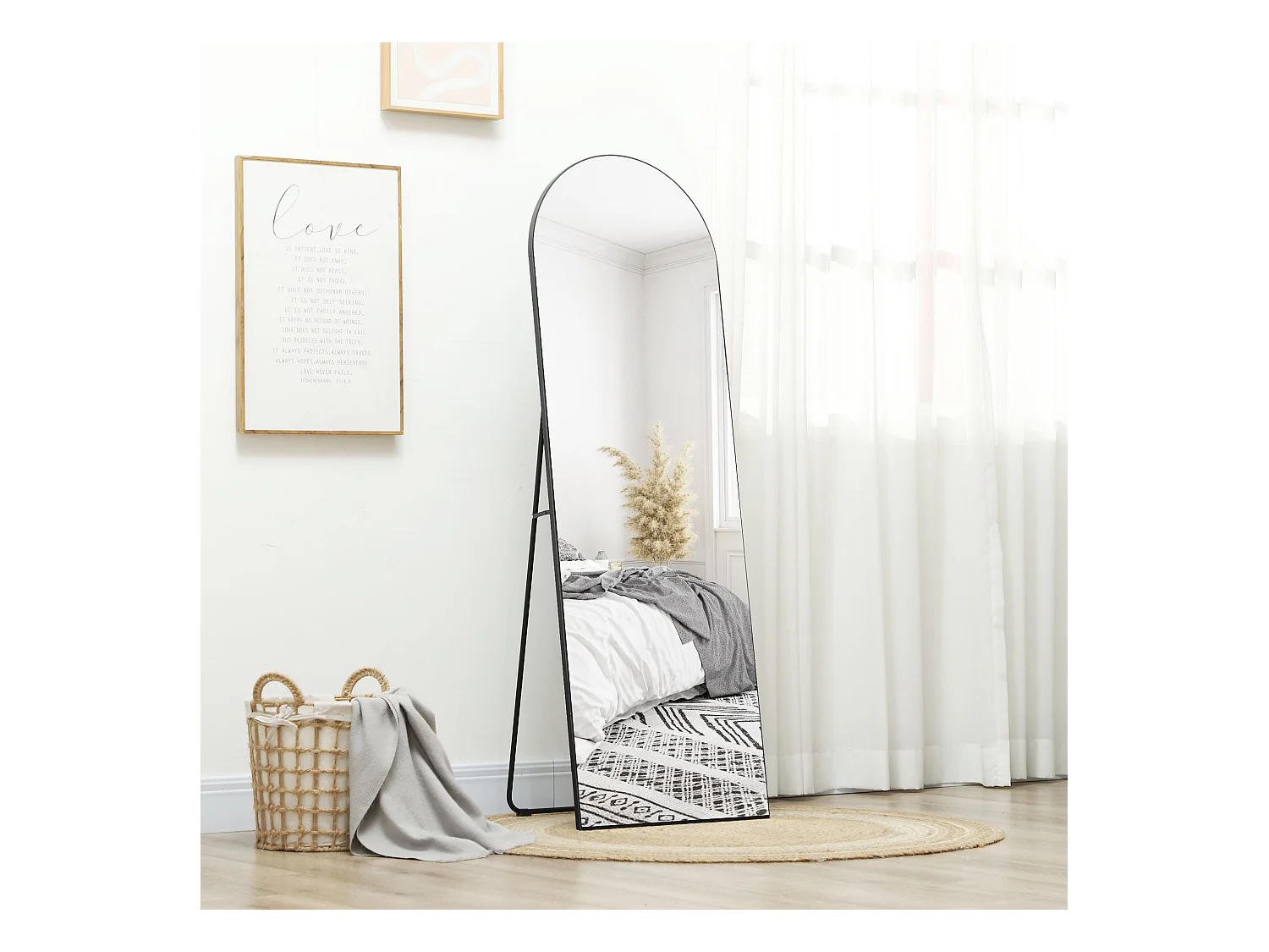 Miroir entier avec support, design arc, en verre, noir (150x50x3.6 cm)