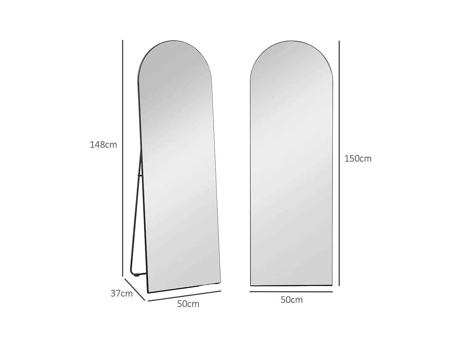 Miroir entier avec support, design arc, en verre, noir (150x50x3.6 cm)