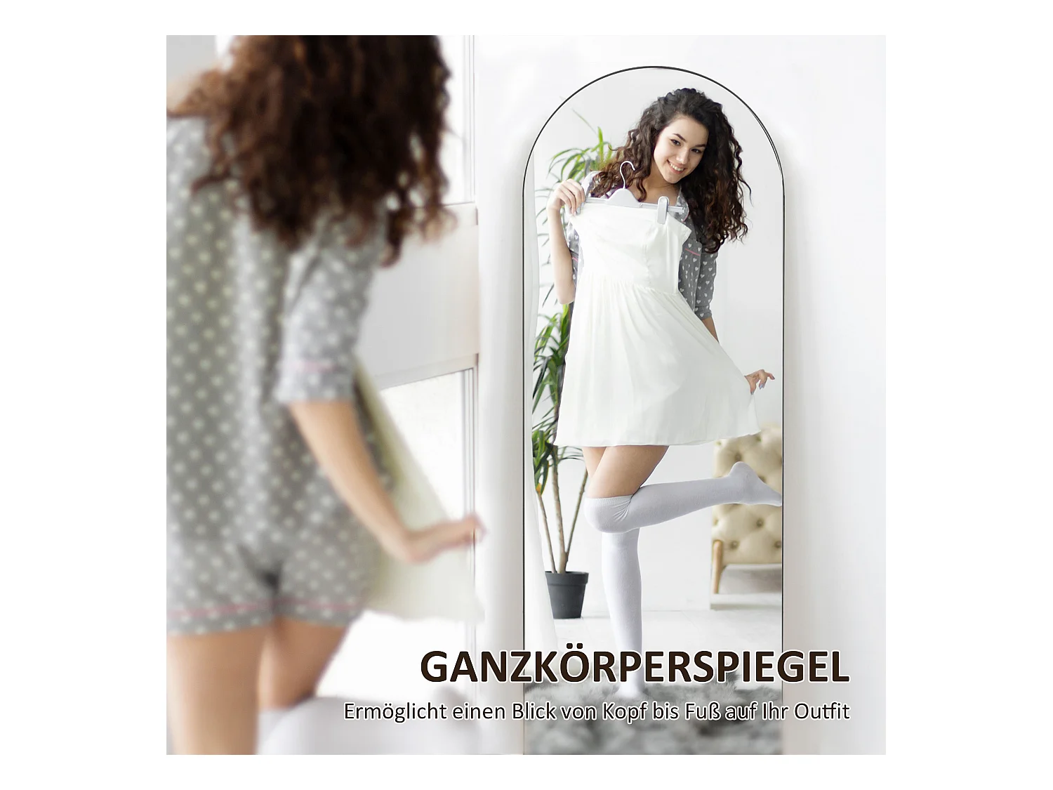 Miroir entier avec support, design arc, en verre, noir (150x50x3.6 cm)