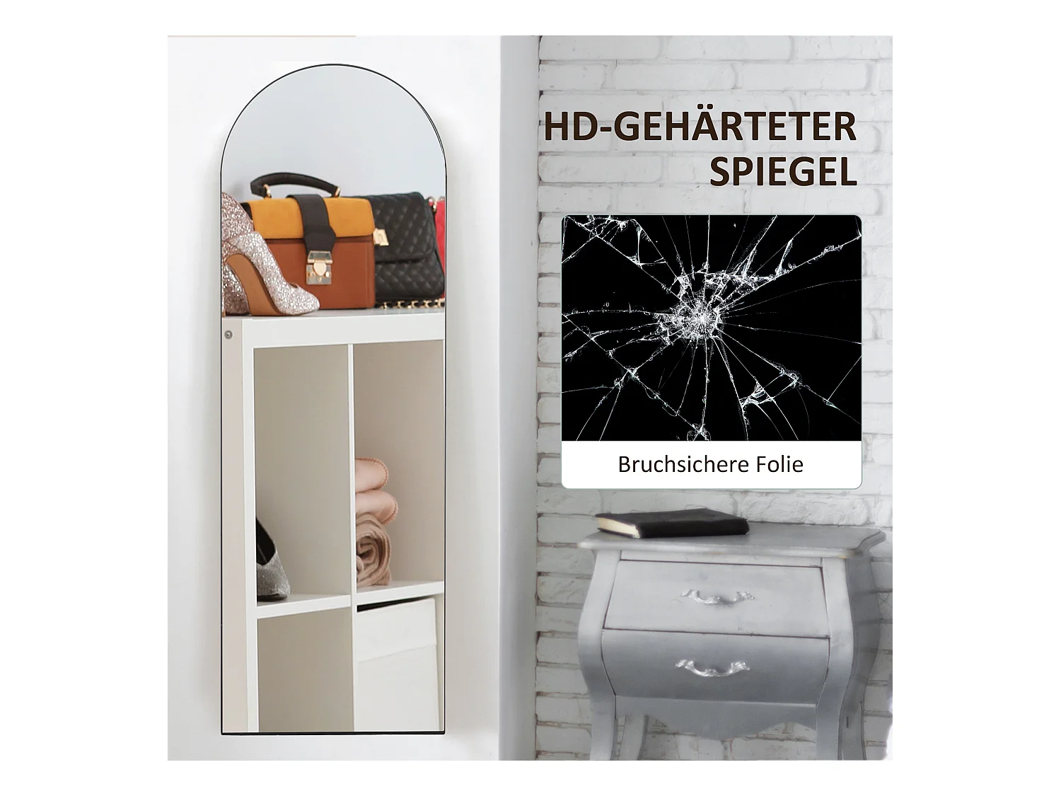 Miroir entier avec support, design arc, en verre, noir (150x50x3.6 cm)