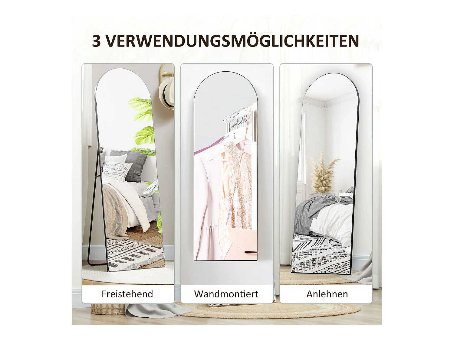 Miroir entier avec support, design arc, en verre, noir (150x50x3.6 cm)