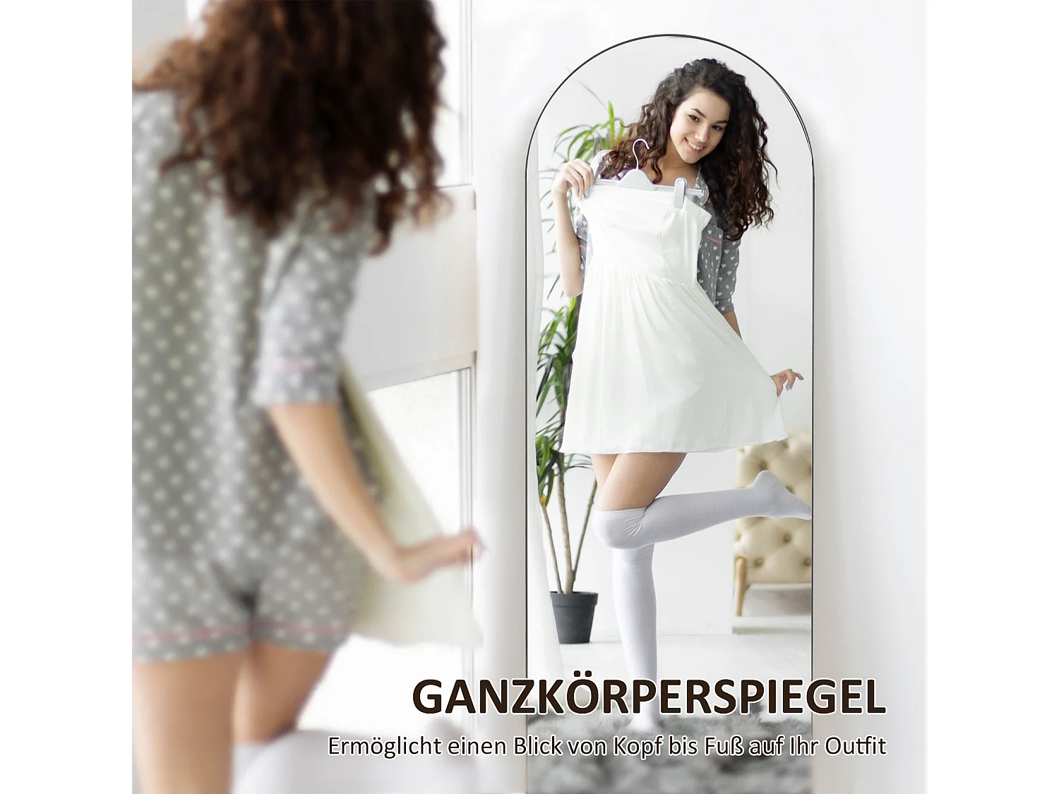 Specchio a figura intera con supporto, design ad arco, vetro, nero (150x50x3,6 cm)