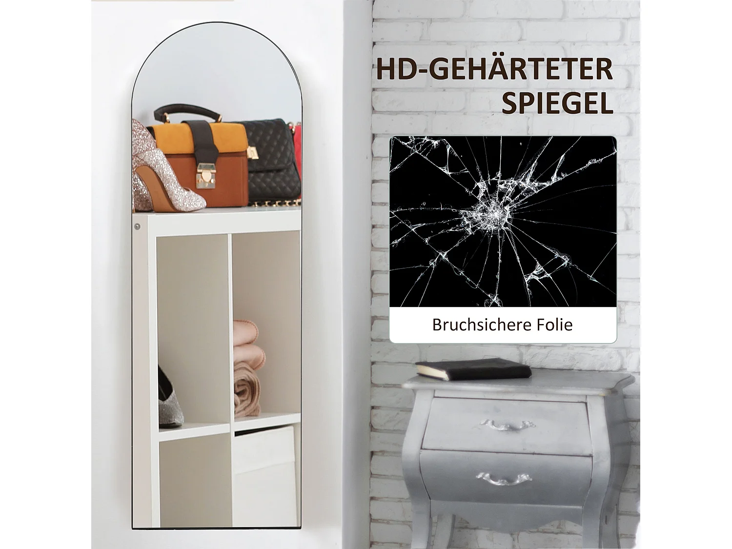 Specchio a figura intera con supporto, design ad arco, vetro, nero (150x50x3,6 cm)