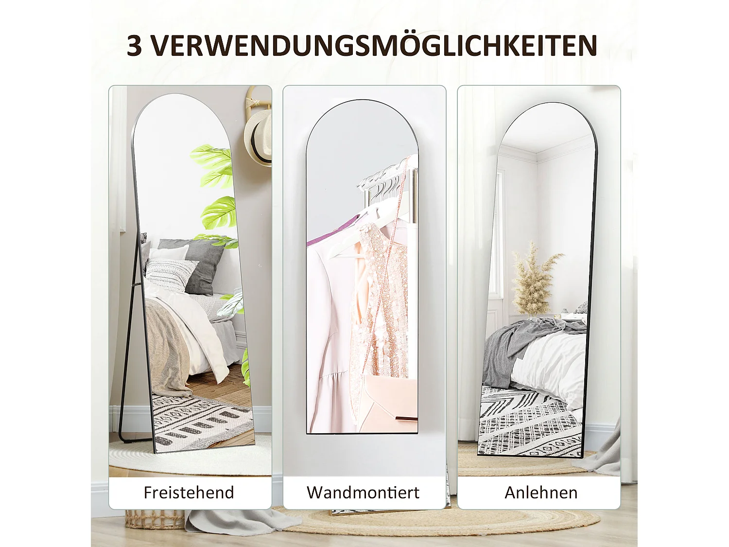 Specchio a figura intera con supporto, design ad arco, vetro, nero (150x50x3,6 cm)