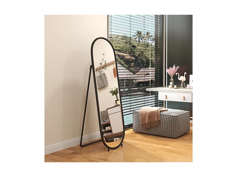 Miroir corporel ovale avec cadre en métal, miroir sur pied avec support, 160 x 40 cm, pour salon et chambre, Noir