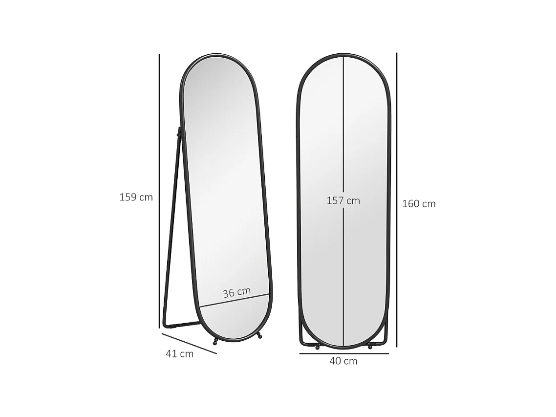 Miroir corporel ovale avec cadre en métal, miroir sur pied avec support, 160 x 40 cm, pour salon et chambre, Noir