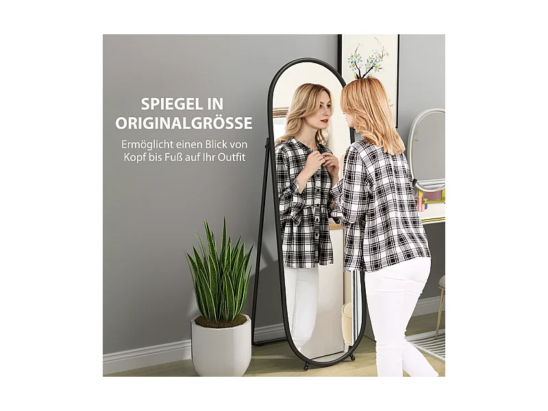 Miroir corporel ovale avec cadre en métal, miroir sur pied avec support, 160 x 40 cm, pour salon et chambre, Noir