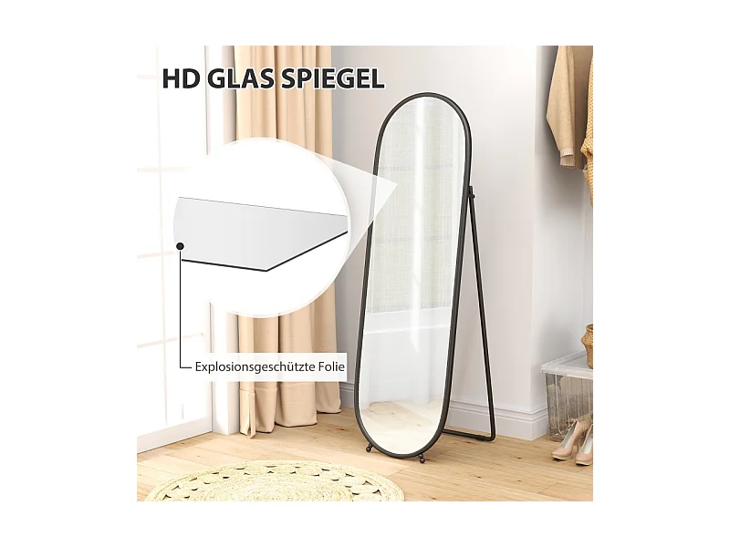 Miroir corporel ovale avec cadre en métal, miroir sur pied avec support, 160 x 40 cm, pour salon et chambre, Noir