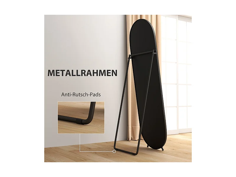 Miroir corporel ovale avec cadre en métal, miroir sur pied avec support, 160 x 40 cm, pour salon et chambre, Noir
