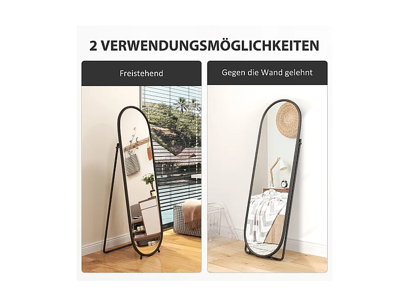 Miroir corporel ovale avec cadre en métal, miroir sur pied avec support, 160 x 40 cm, pour salon et chambre, Noir