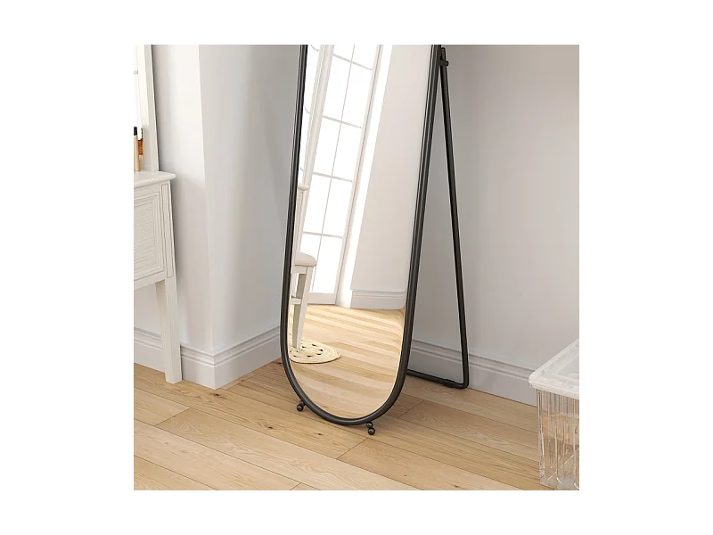 Miroir corporel ovale avec cadre en métal, miroir sur pied avec support, 160 x 40 cm, pour salon et chambre, Noir