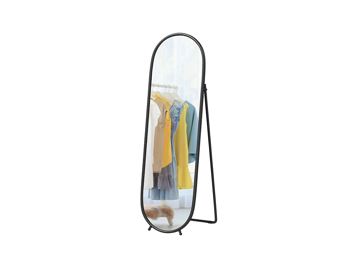 Miroir corporel ovale avec cadre en métal, miroir sur pied avec support, 160 x 40 cm, pour salon et chambre, Noir