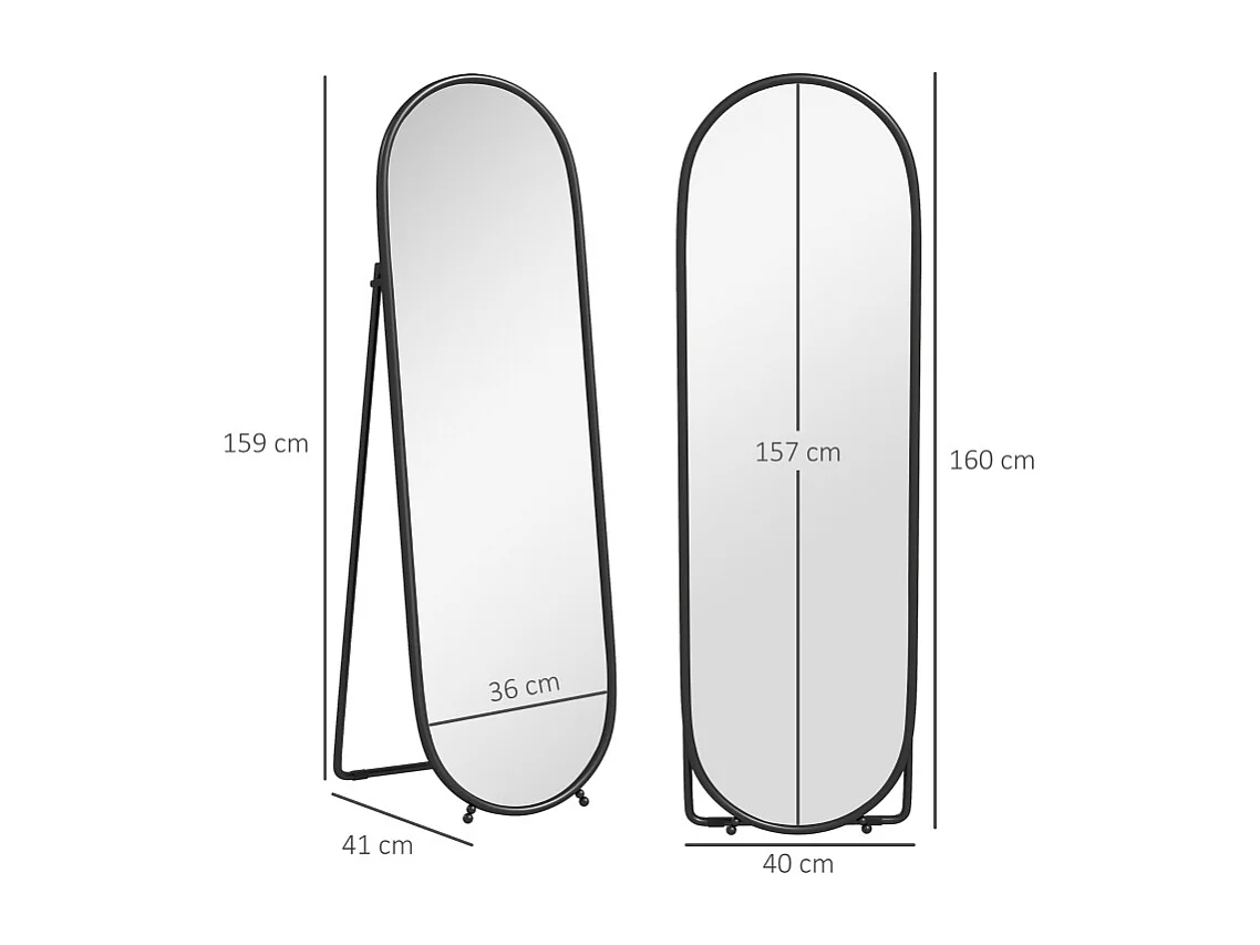 Specchio ovale con cornice in metallo, specchio da appoggio con supporto, 160 x 40 cm, per soggiorno e camera da letto, nero