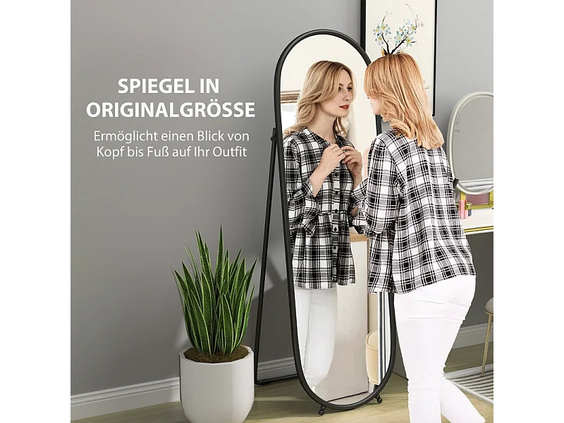 Specchio ovale con cornice in metallo, specchio da appoggio con supporto, 160 x 40 cm, per soggiorno e camera da letto, nero