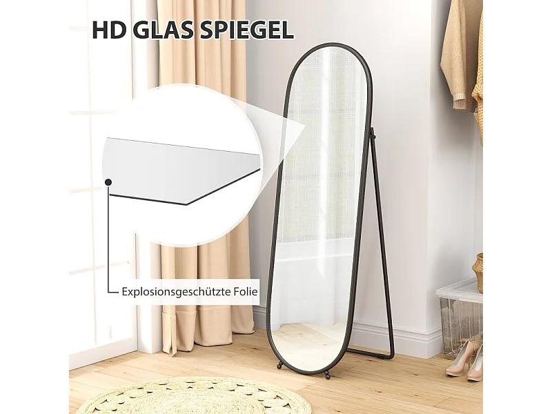 Specchio ovale con cornice in metallo, specchio da appoggio con supporto, 160 x 40 cm, per soggiorno e camera da letto, nero