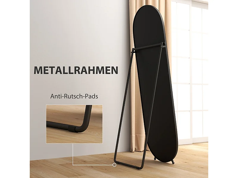 Specchio ovale con cornice in metallo, specchio da appoggio con supporto, 160 x 40 cm, per soggiorno e camera da letto, nero