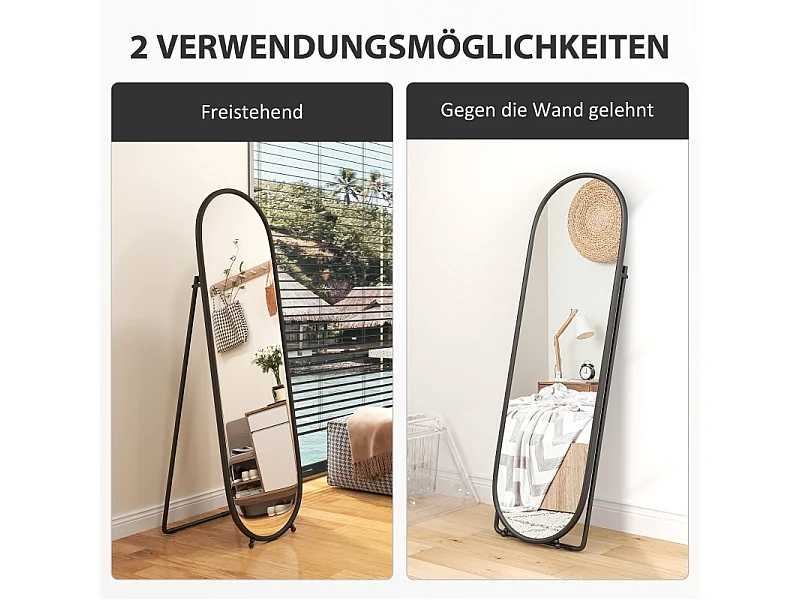 Specchio ovale con cornice in metallo, specchio da appoggio con supporto, 160 x 40 cm, per soggiorno e camera da letto, nero