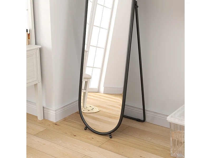 Specchio ovale con cornice in metallo, specchio da appoggio con supporto, 160 x 40 cm, per soggiorno e camera da letto, nero
