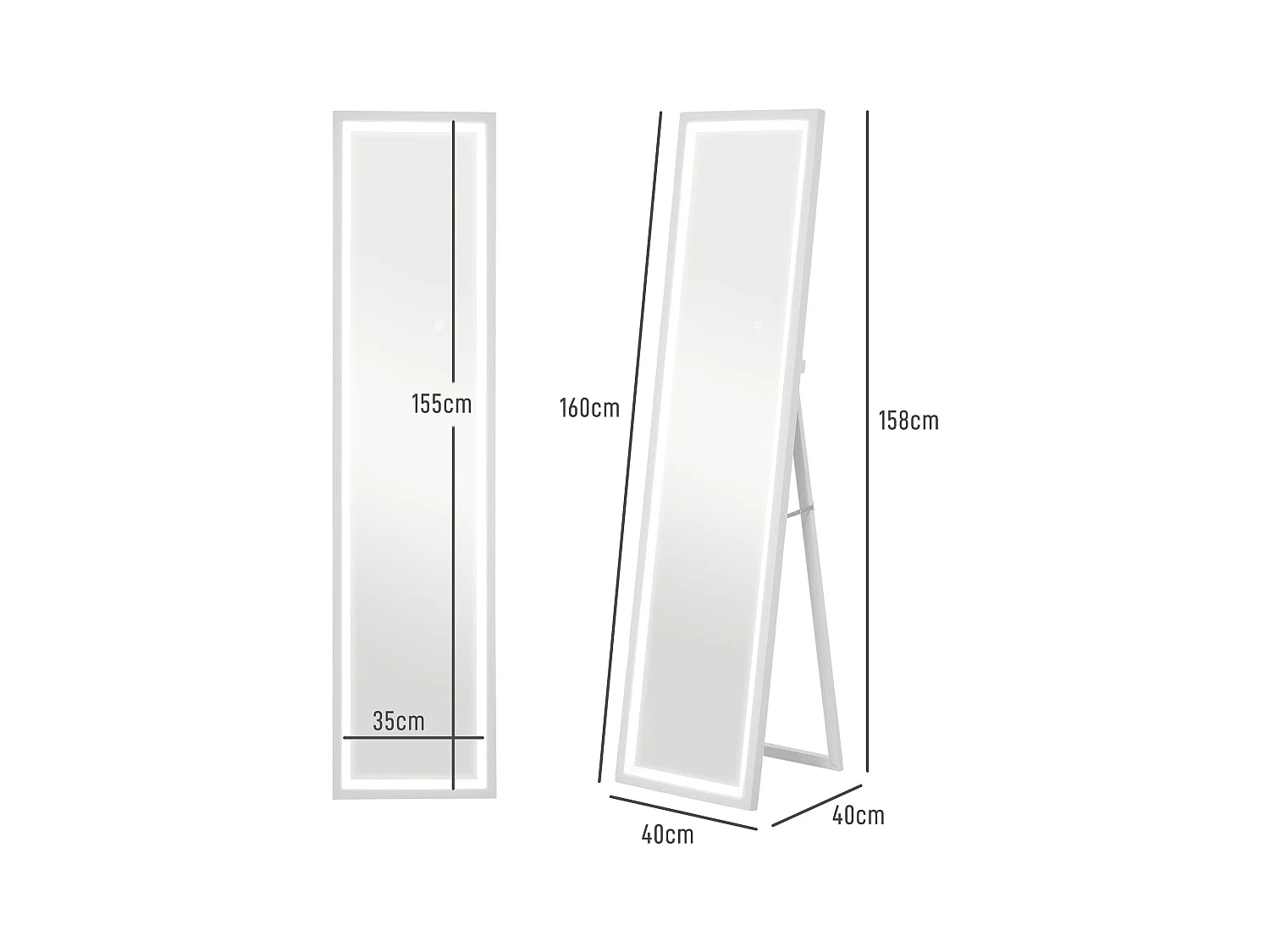 Miroir complet avec éclairage LED, verre incassable, blanc (40x5x160 cm)