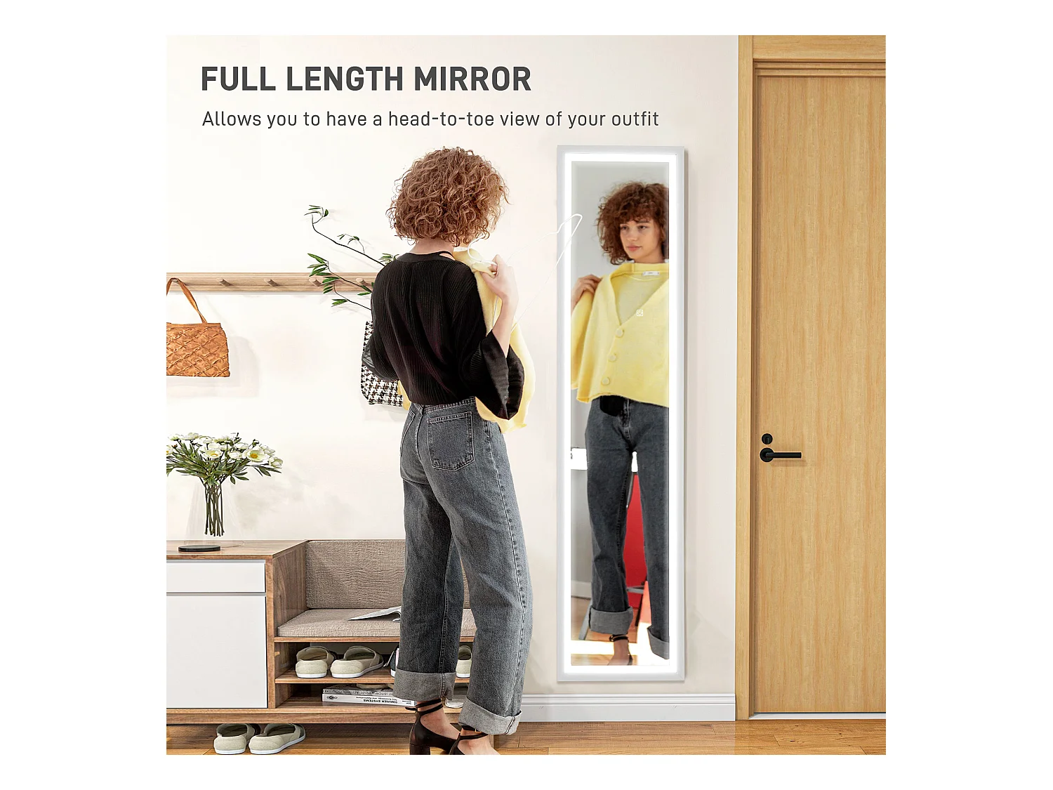 Miroir complet avec éclairage LED, verre incassable, blanc (40x5x160 cm)