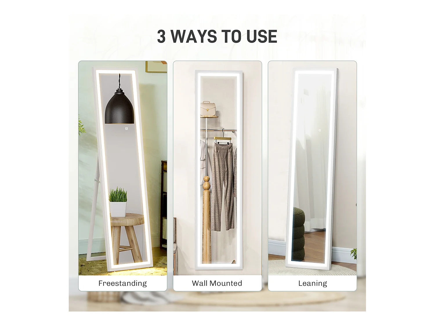 Miroir complet avec éclairage LED, verre incassable, blanc (40x5x160 cm)