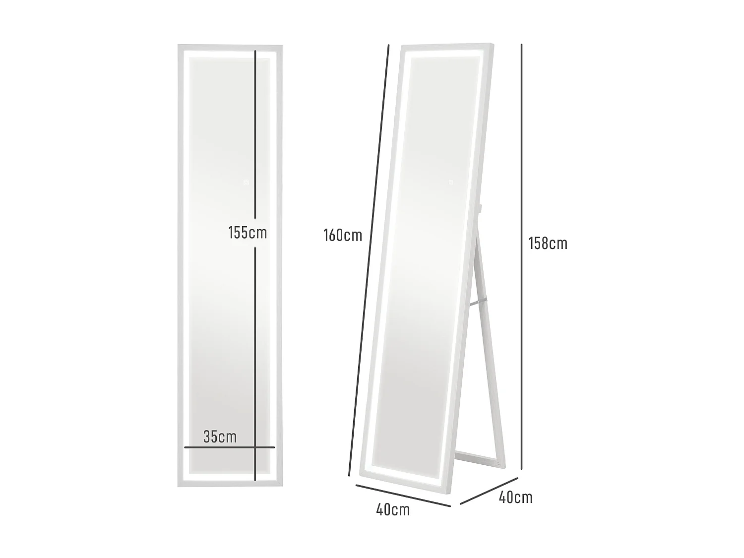 Specchio completo con illuminazione a LED, vetro infrangibile, bianco (40x5x160 cm)