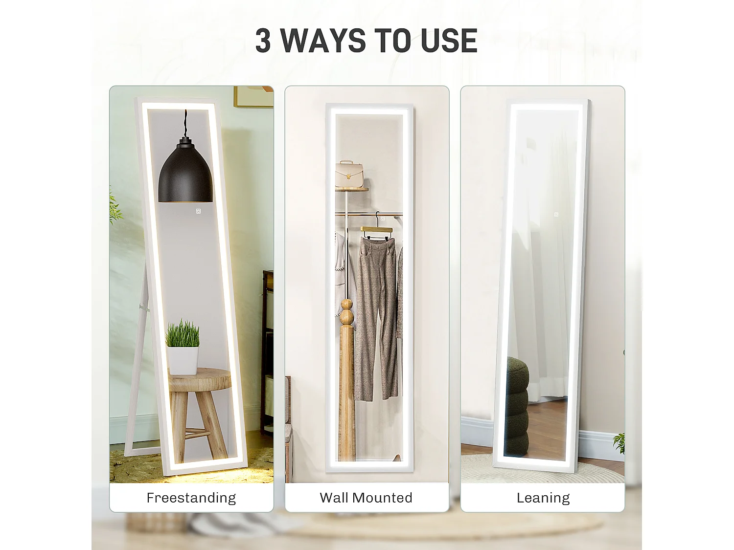 Specchio completo con illuminazione a LED, vetro infrangibile, bianco (40x5x160 cm)