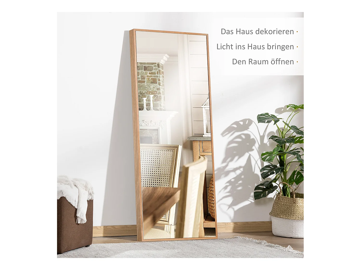 Miroir plein pied, cadre en bois naturel, design moderne, 125x45 cm