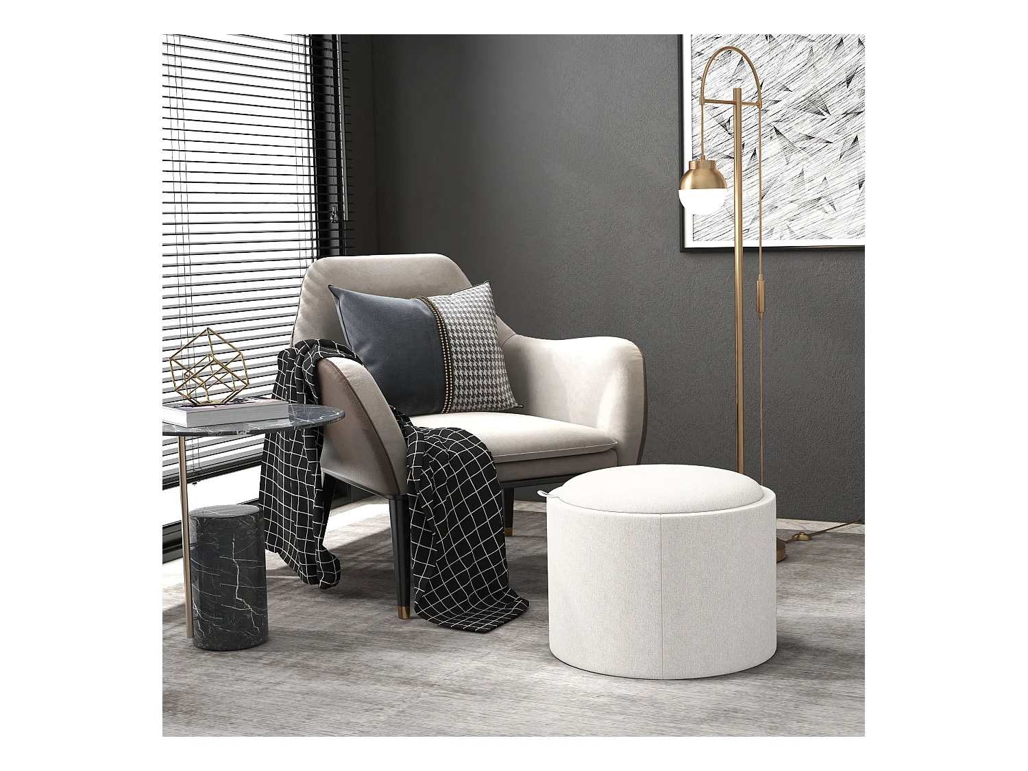 Pouf Rembourré Rond, Avec Rangement, Tissu Lin, Crème (56x56x42 cm)