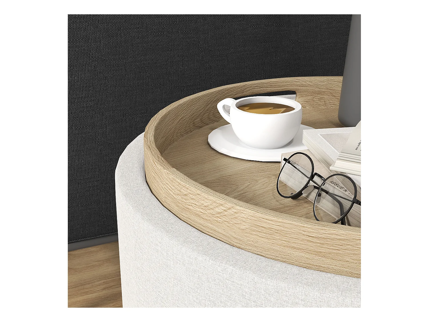 Pouf Rembourré Rond, Avec Rangement, Tissu Lin, Crème (56x56x42 cm)