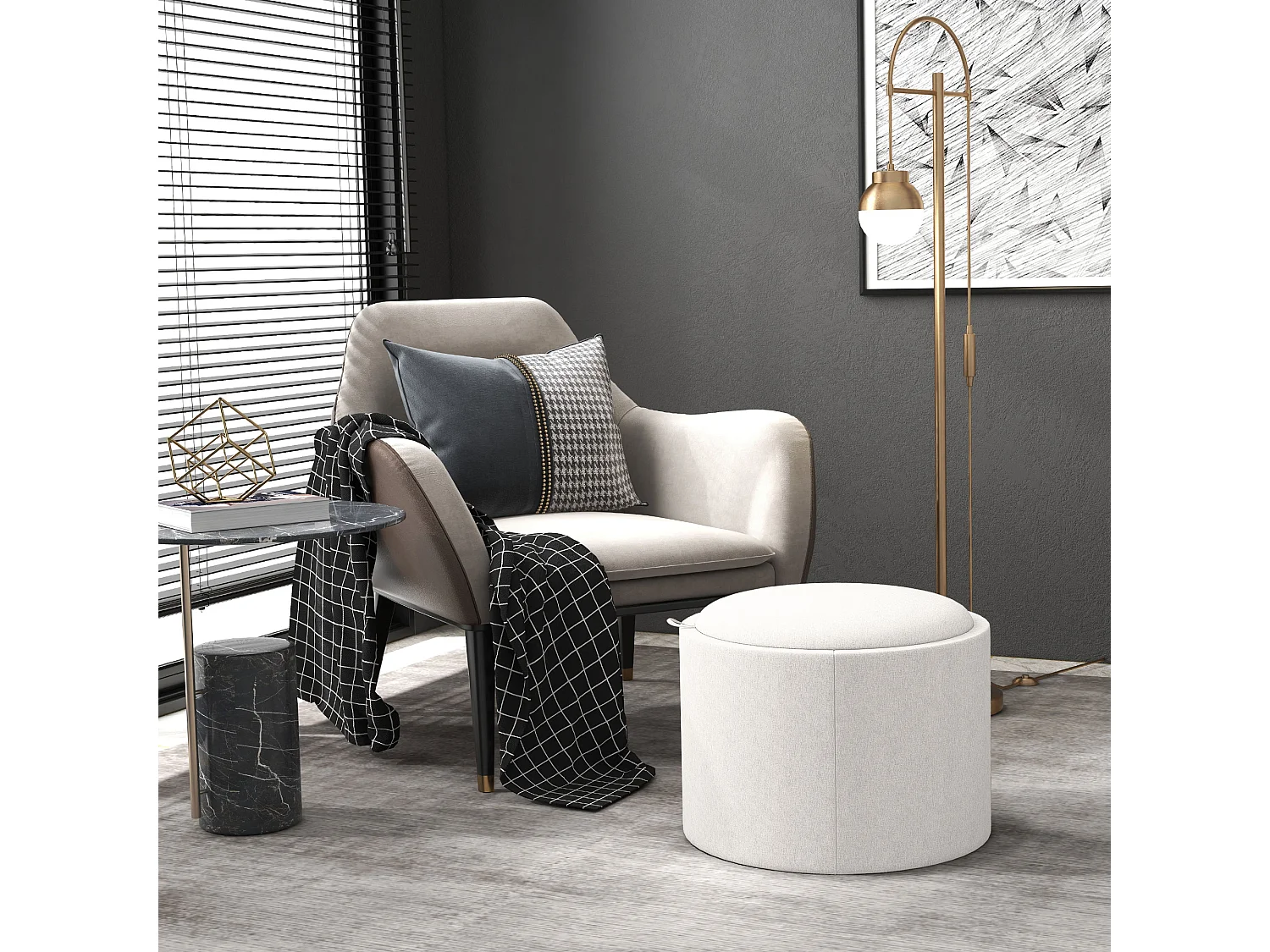 Pouf Rembourré Rond, Avec Rangement, Tissu Lin, Crème (56x56x42 cm)