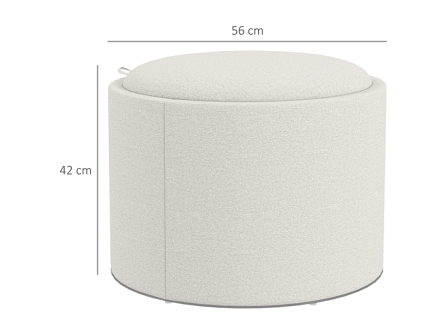 Pouf Rembourré Rond, Avec Rangement, Tissu Lin, Crème (56x56x42 cm)