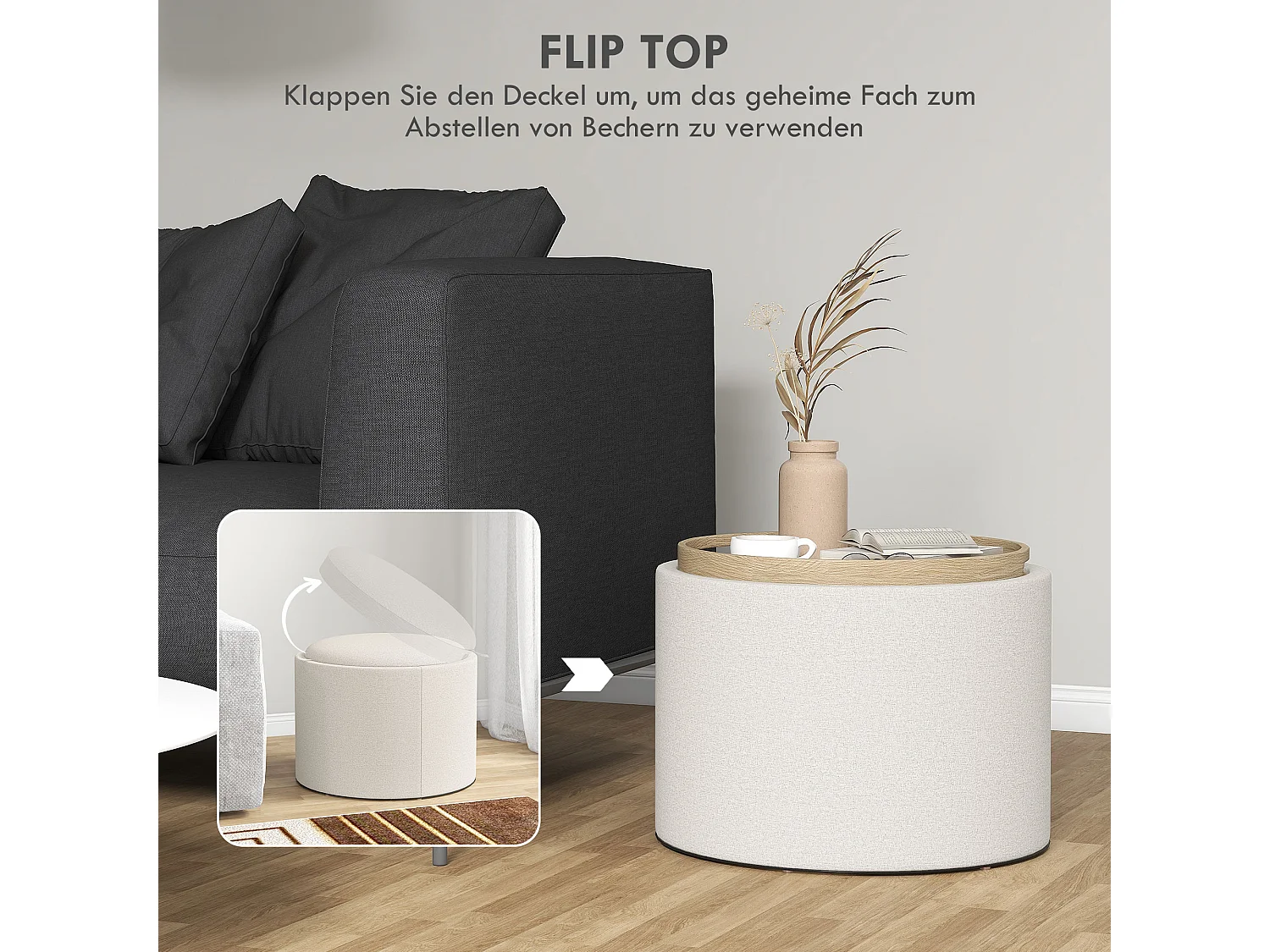 Pouf Rembourré Rond, Avec Rangement, Tissu Lin, Crème (56x56x42 cm)