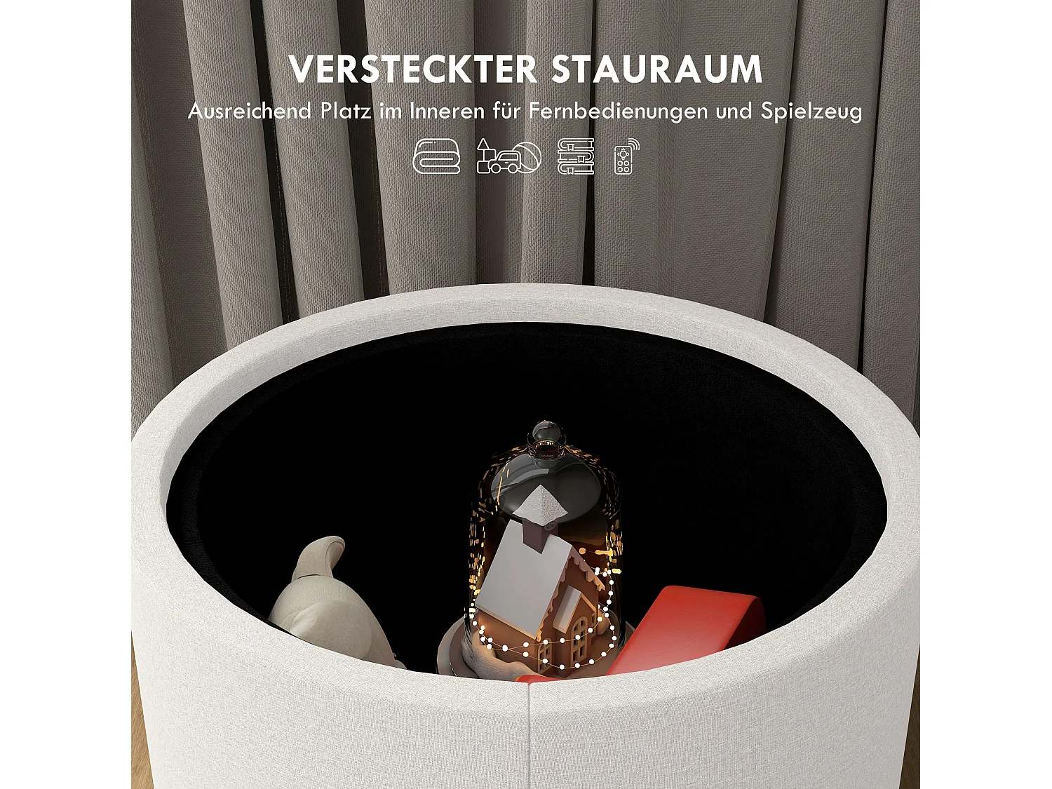 Pouf Rembourré Rond, Avec Rangement, Tissu Lin, Crème (56x56x42 cm)